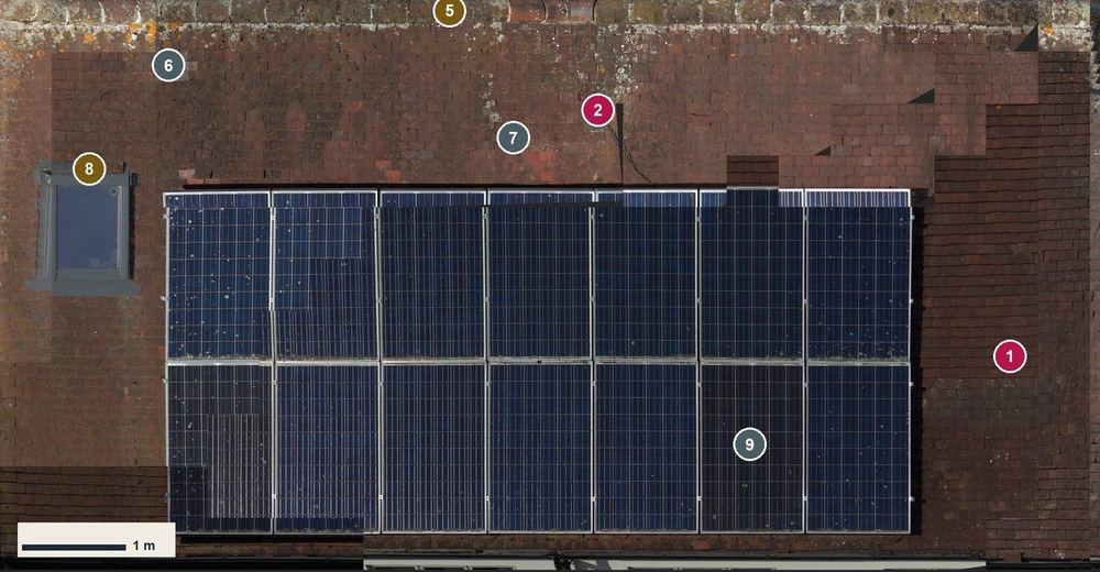 The slope with the solar panels seen straight on, drawn to scale with a one-metre bar