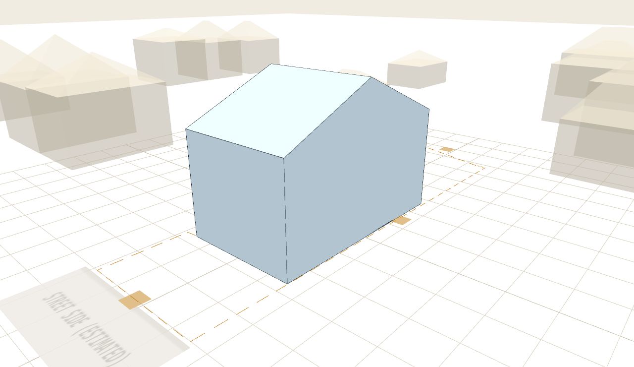 A 3D model of a house generated from its postcode, with its plot outline dashed and the neighbouring buildings drawn see-through.
