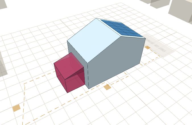 The tool's example house in 3D, with a proposed rear extension and a solar array in place.