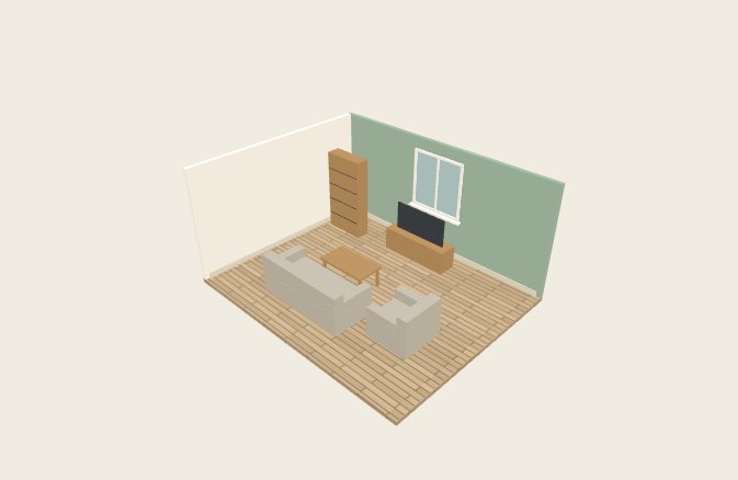 A 3D room built from three measurements, with a sofa, armchair, coffee table, television unit and bookcase placed at standard sizes.