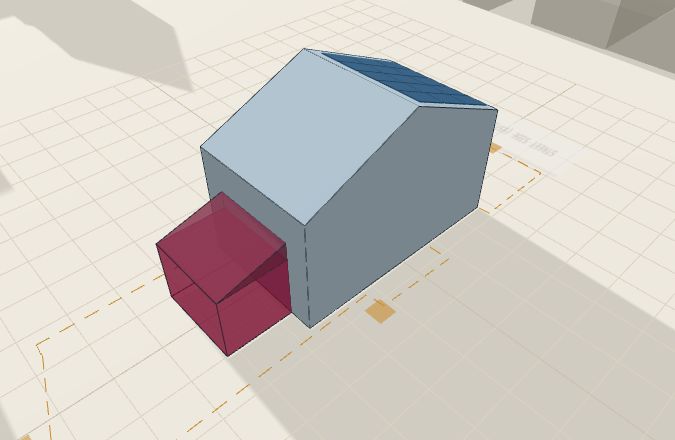 The tool's example house in 3D with a rear extension and solar panels on its roof, at noon on 21 December, with the shadows that fall.