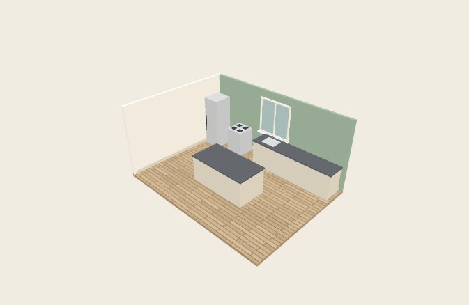 A 3D kitchen with an island, unit runs with worktops, a sink run, a cooker and a fridge-freezer placed at standard sizes.
