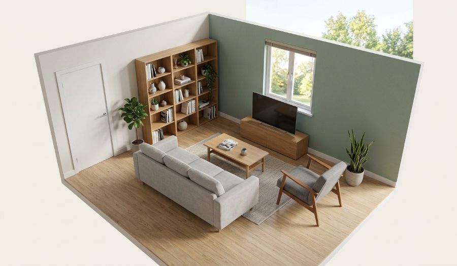A photoreal render of the same living room, generated from the 3D model.