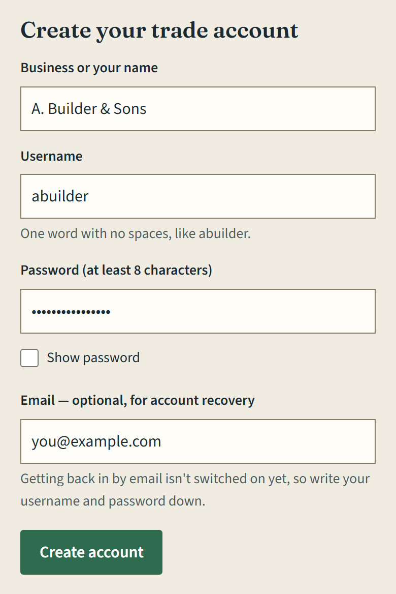 The "Create your trade account" form, filled in