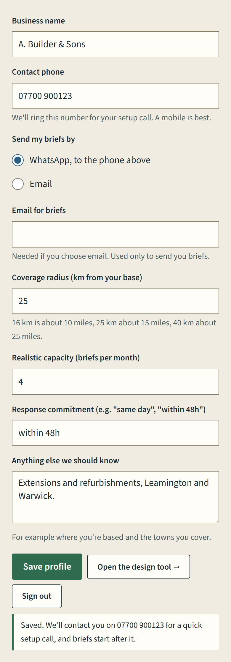 The details form with "Send my briefs by" (WhatsApp or email), and the "Saved." line under the buttons