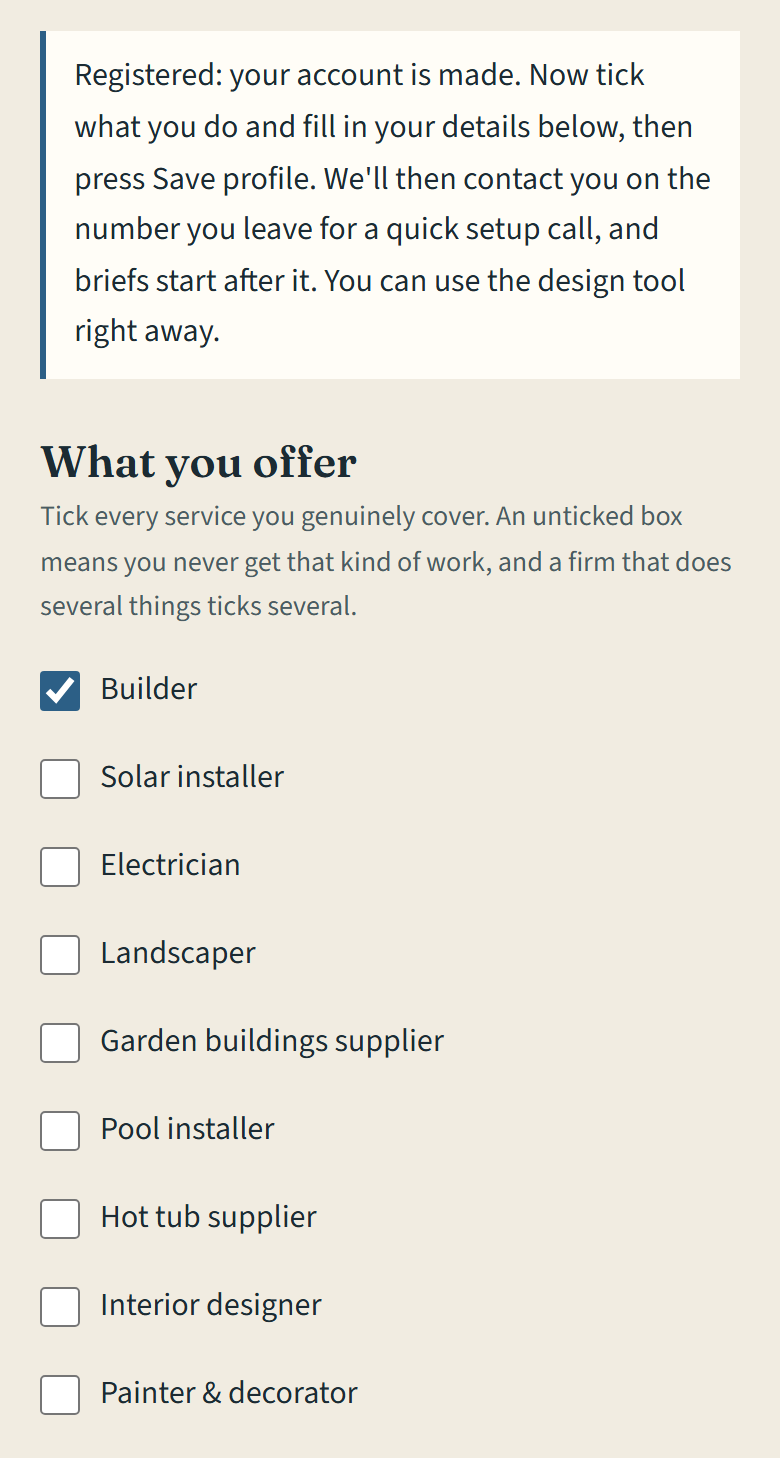 The "Registered" line and the "What you offer" list with Builder ticked